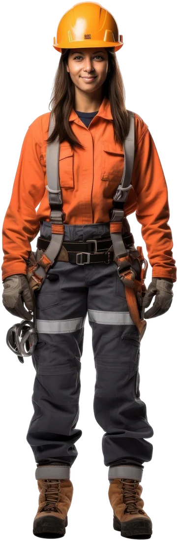 Operadora de uniforme laranja e capacete ao lado da máquina